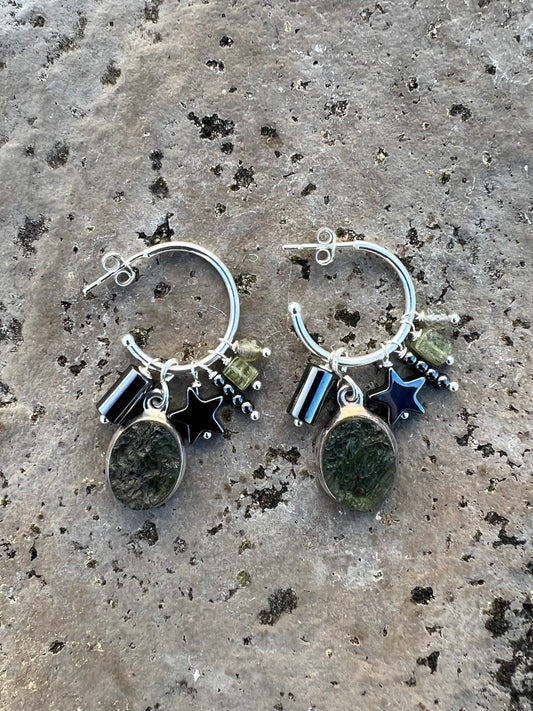 Labradorite and Hematite Silver Hoop Earrings