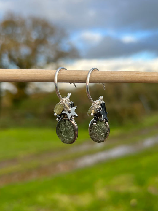 Labradorite and Hematite Silver Hoop Earrings